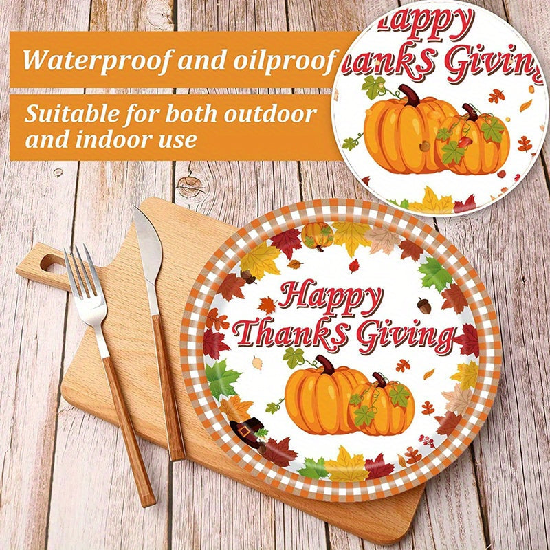 170pcs Disposable tableware set, Thanksgiving party tableware set, maple leaf tableware set, pumpkin tableware set, including tablecloth, paper towels, paper cups, paper plates, flags, knives, forks and straws, 24 servings