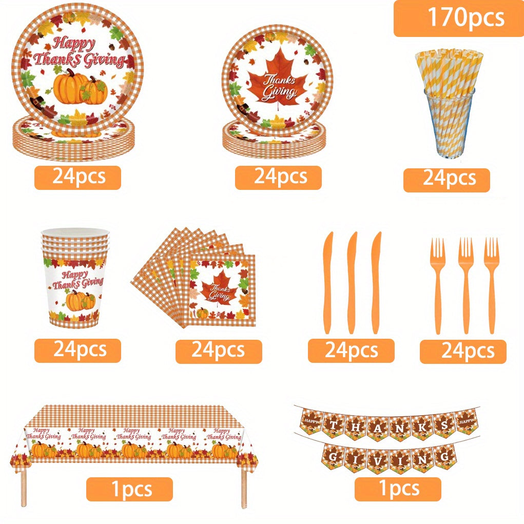 170pcs Disposable tableware set, Thanksgiving party tableware set, maple leaf tableware set, pumpkin tableware set, including tablecloth, paper towels, paper cups, paper plates, flags, knives, forks and straws, 24 servings