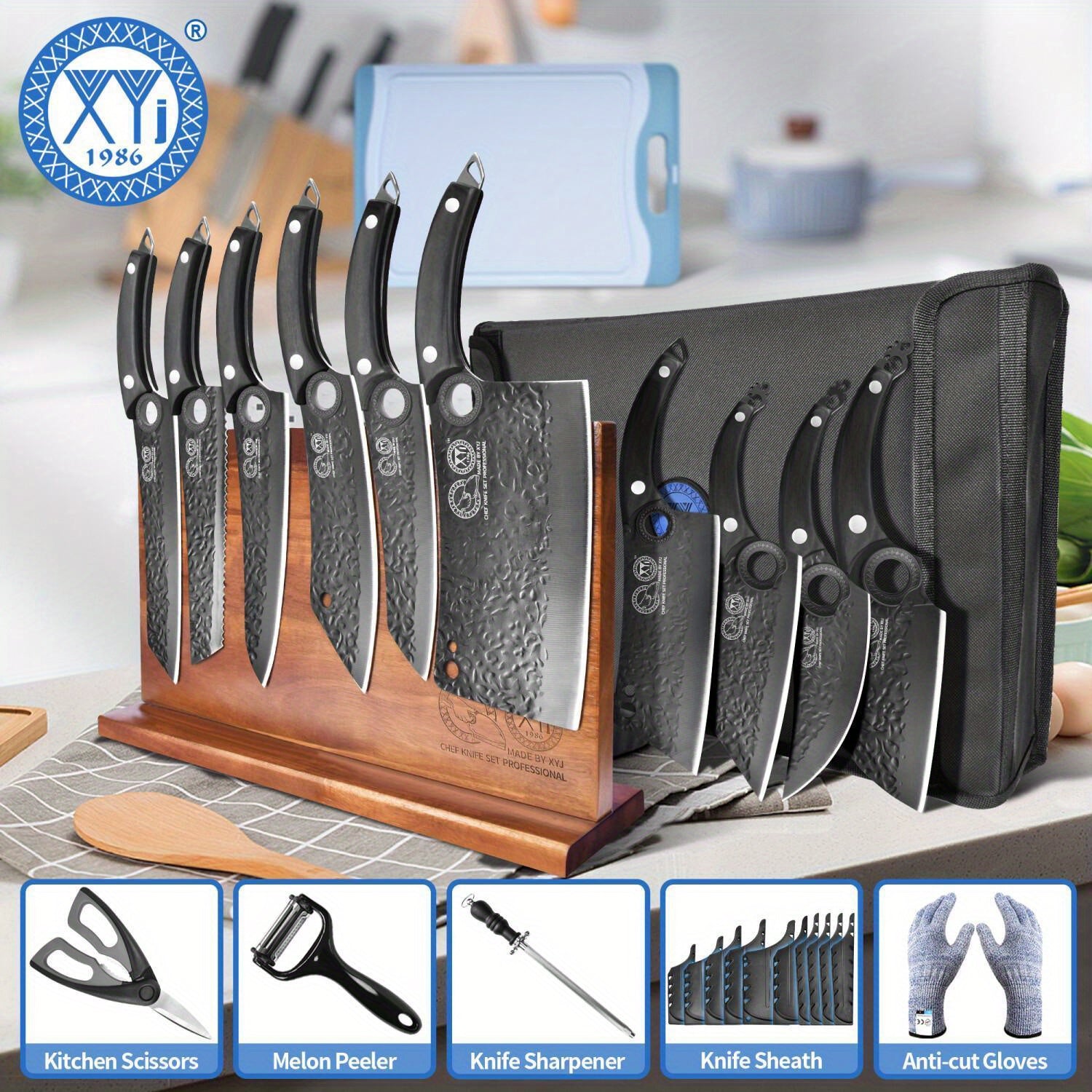 10 Pieces Kitchen Knives Set With Bag, Cutting Board, Honing Steel, Magnetic Knife Block, Cut Resistant Gloves, Blade Covers, Personalized Gifts for Women Men Birthday Christmas Mothers Fathers Unique Presents for Mom Dad Fri
