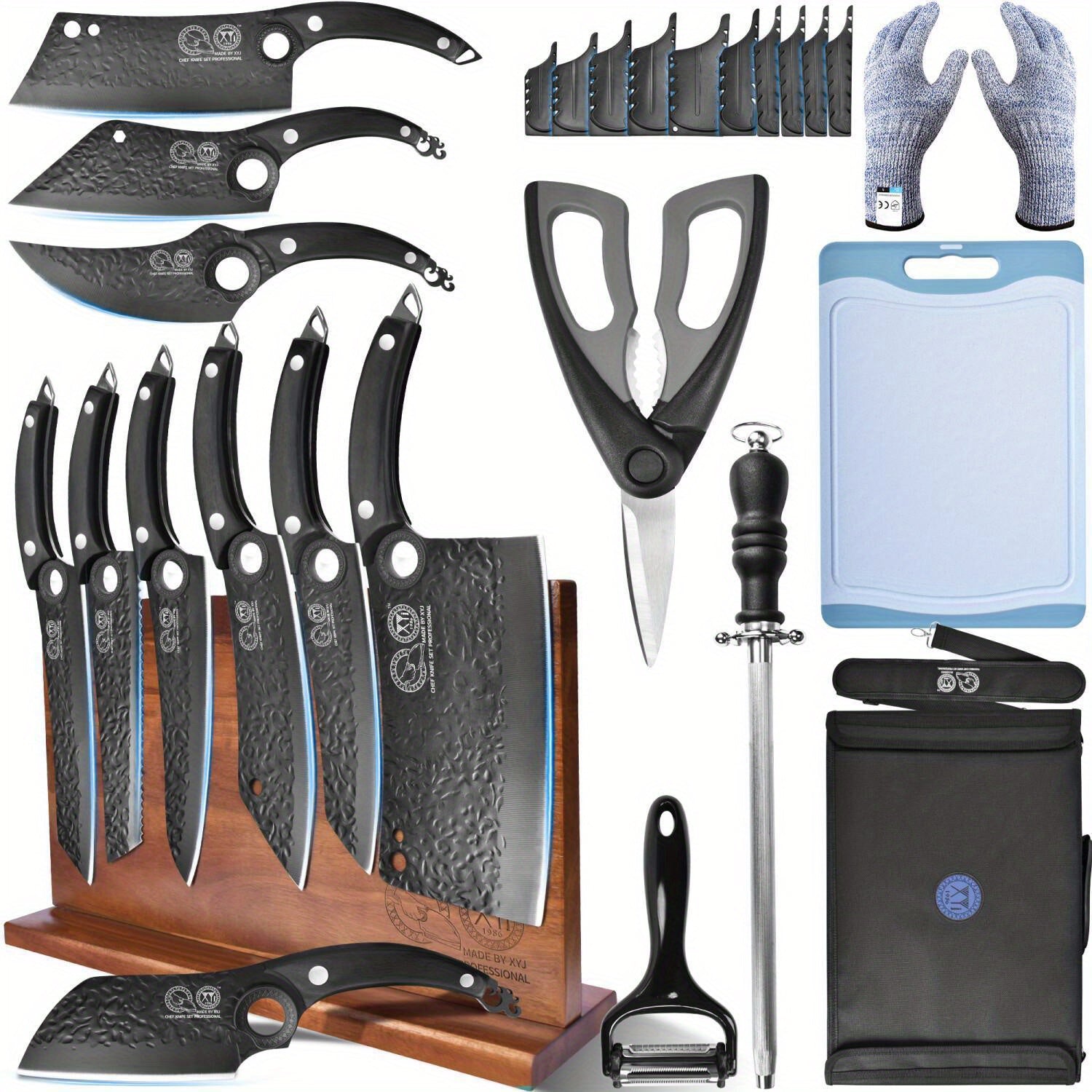 10 Pieces Kitchen Knives Set With Bag, Cutting Board, Honing Steel, Magnetic Knife Block, Cut Resistant Gloves, Blade Covers, Personalized Gifts for Women Men Birthday Christmas Mothers Fathers Unique Presents for Mom Dad Fri