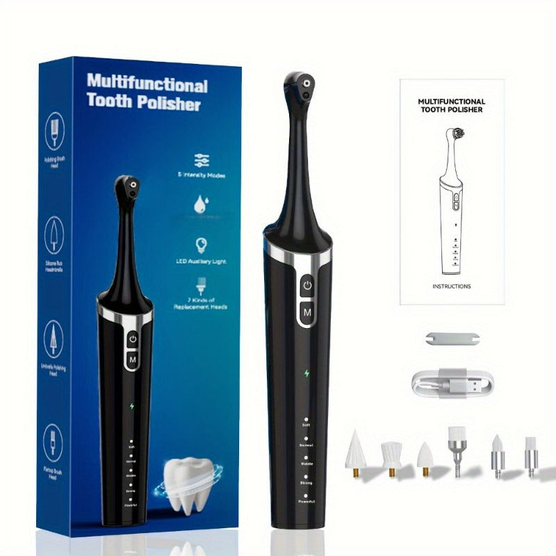 1 Piece Rechargeable Teeth Whitening Kit: 7 Brush Heads, 5 Speed Modes, Waterproof LED Light Electric Tooth Polisher for Daily Whitening and Cleaning