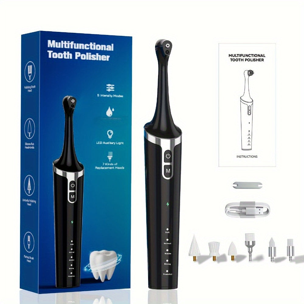 1 Piece Rechargeable Teeth Whitening Kit: 7 Brush Heads, 5 Speed Modes, Waterproof LED Light Electric Tooth Polisher for Daily Whitening and Cleaning