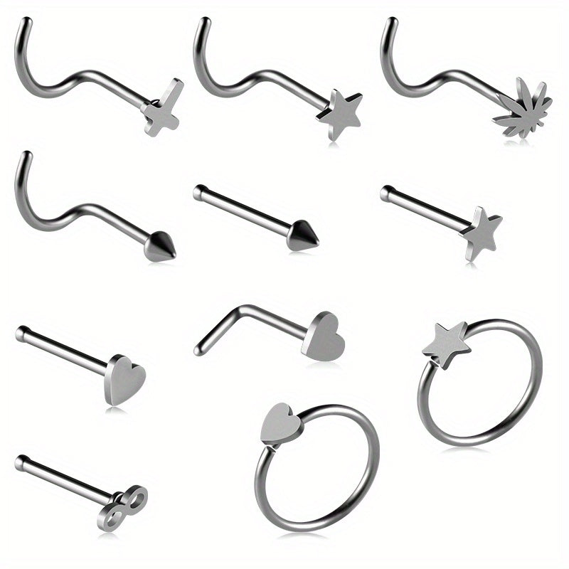 11PCS 316L Stainless Steel Nose Ring Set: Simple Style Nose Nail Body Piercing Jewelry with Star, Love Heart, and More Shapes