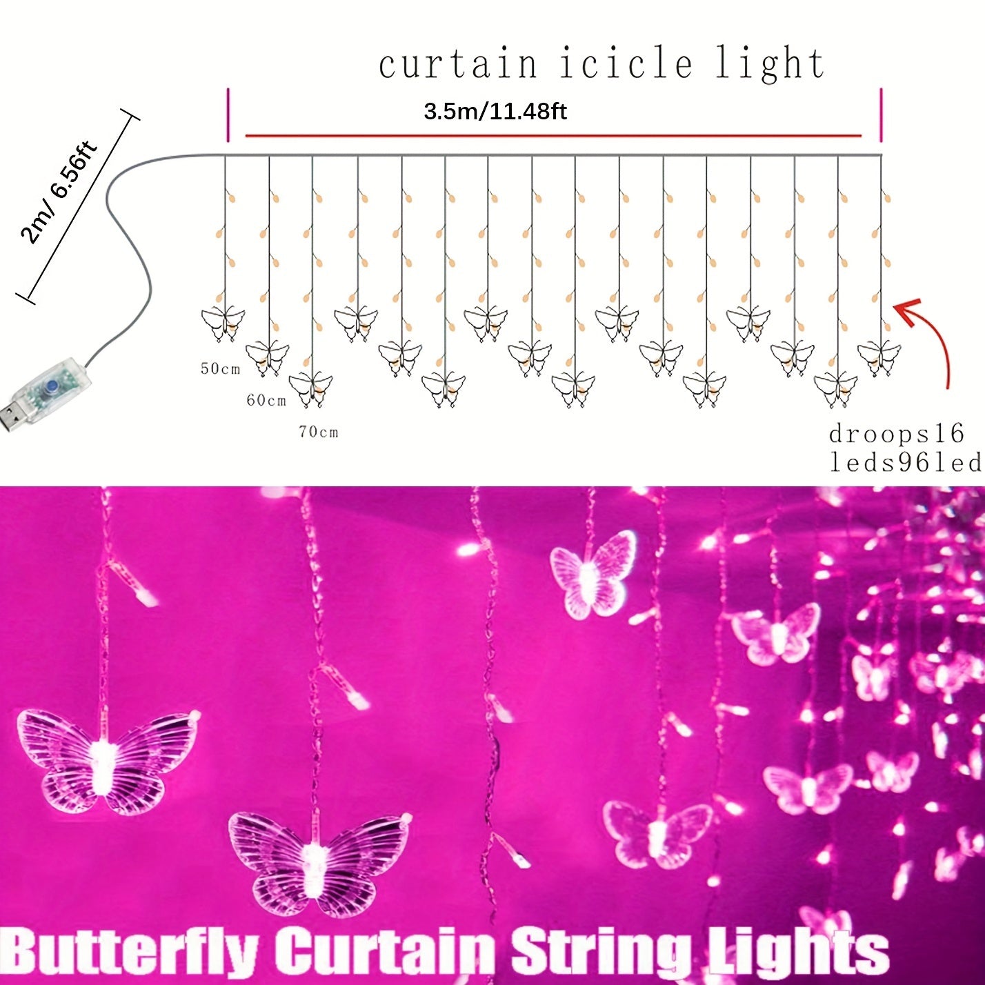 16-Butterfly LED Curtain Lights - 96 Bulbs, 18FT USB, 8 Dreamy Modes, Remote Control - Romantic Purple Bedroom & Party Decor