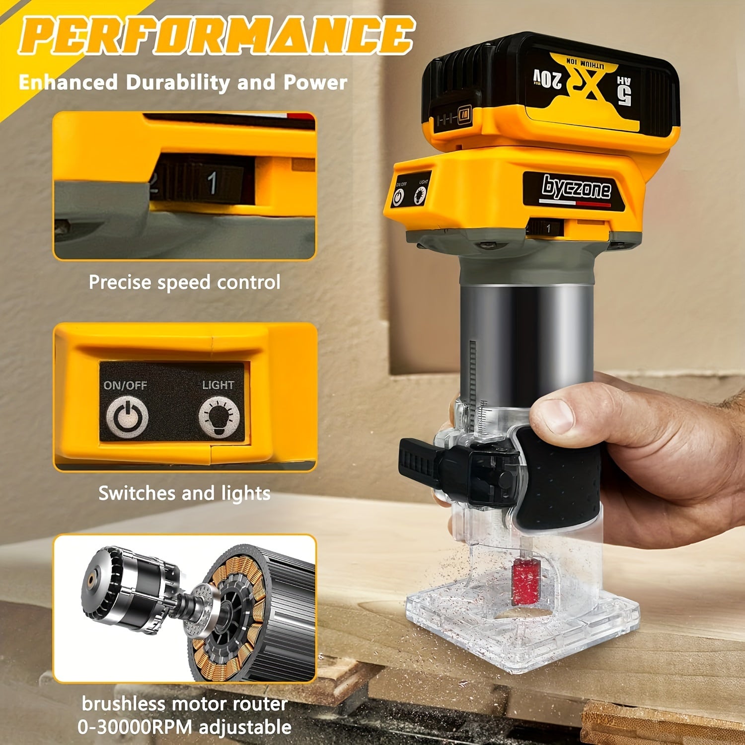 12 PCS 1/4" Router Bits 800W Cordless Wood Router - Routers with 30000RPM Brushless Motor, 6 Speeds, Edge Guide, Roller Guide, Compatible with Dewalt 20V Battery (Machine Only)