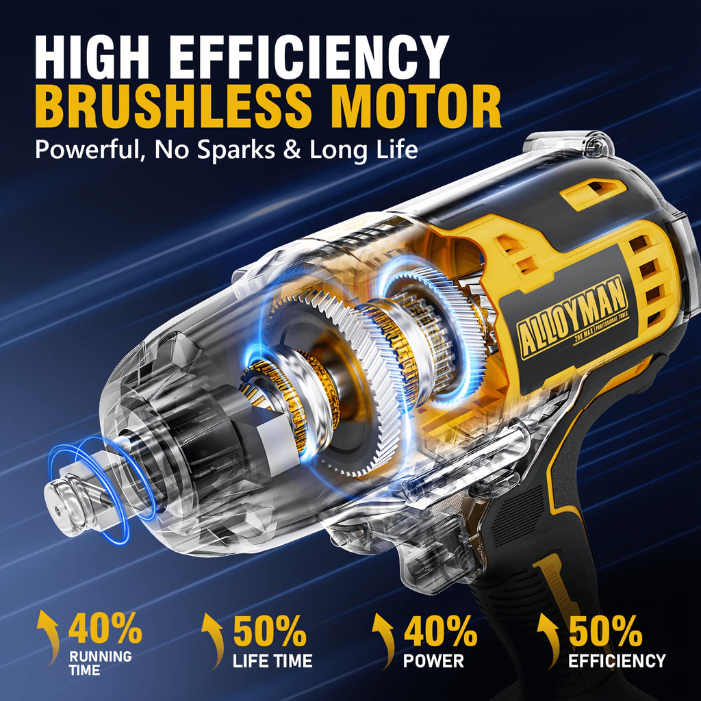 1pc Alloyman 20V Cordless Impact Wrench, 1/2" Drive, 555 Ft-lbs Max Torque, Brushless Motor, 2000 RPM, with 6 Sockets, 3 Extension Bars, 4.0 AH Li-ion Battery, Fast Charge, US Plug, Iron Material, Power Supply Operated