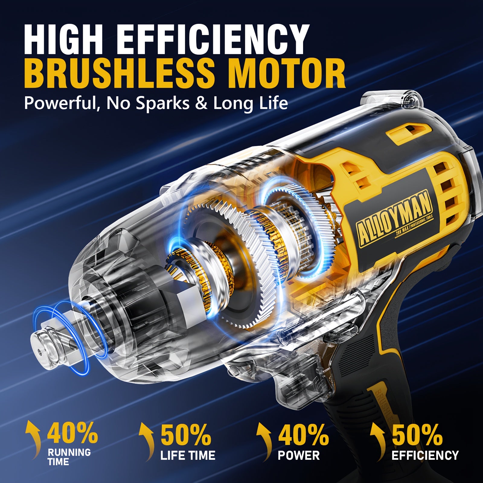 1pc Alloyman 20V Cordless Impact Wrench, 1/2" Drive, 555 Ft-lbs Max Torque, Brushless Motor, 2000 RPM, with 6 Sockets, 3 Extension Bars, 4.0 AH Li-ion Battery, Fast Charge, US Plug, Iron Material, Power Supply Operated