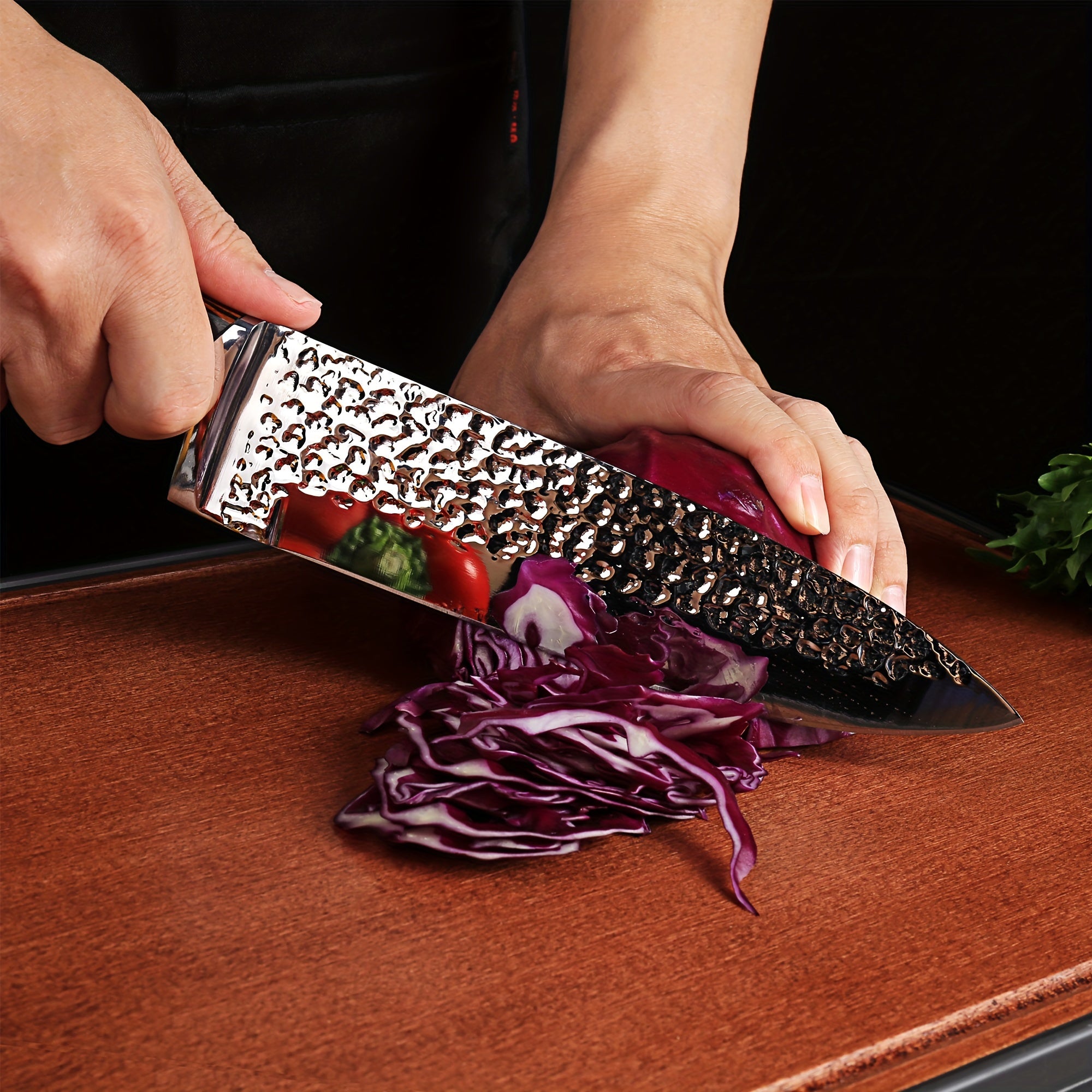 15pcs Professional Kitchen Knife Set, Kitchen Accessories, Super Sharp Knife Set With Wooden Block, Chef Knife Set With Sharpener, High Carbon Stainless Steel Hammered Knife Block Set With Steak Knives, Selection For Easter G