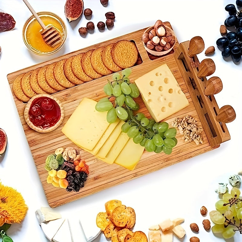 1 Set Bamboo Cheese Board Set, Cheese Tray, Charcuterie Board and Serving Meat Platter with 4 Stainless Steel Cheese Knives, Ideal for Wedding Gifts Christmas Birthday Party