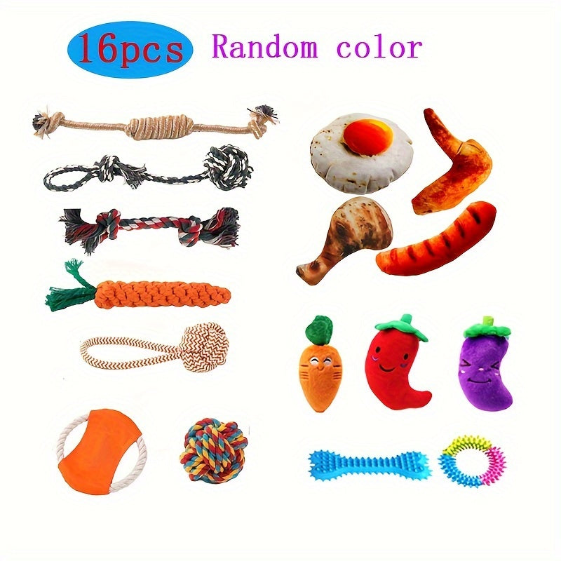 11pcs/16pcs Dog Chew Toys Bundle, Durable Plush and Rope Materials, Tooth Cleaning & Interactive Play, Assorted Food-Shaped & Rope Designs, Suitable for Small Dogs & Puppies