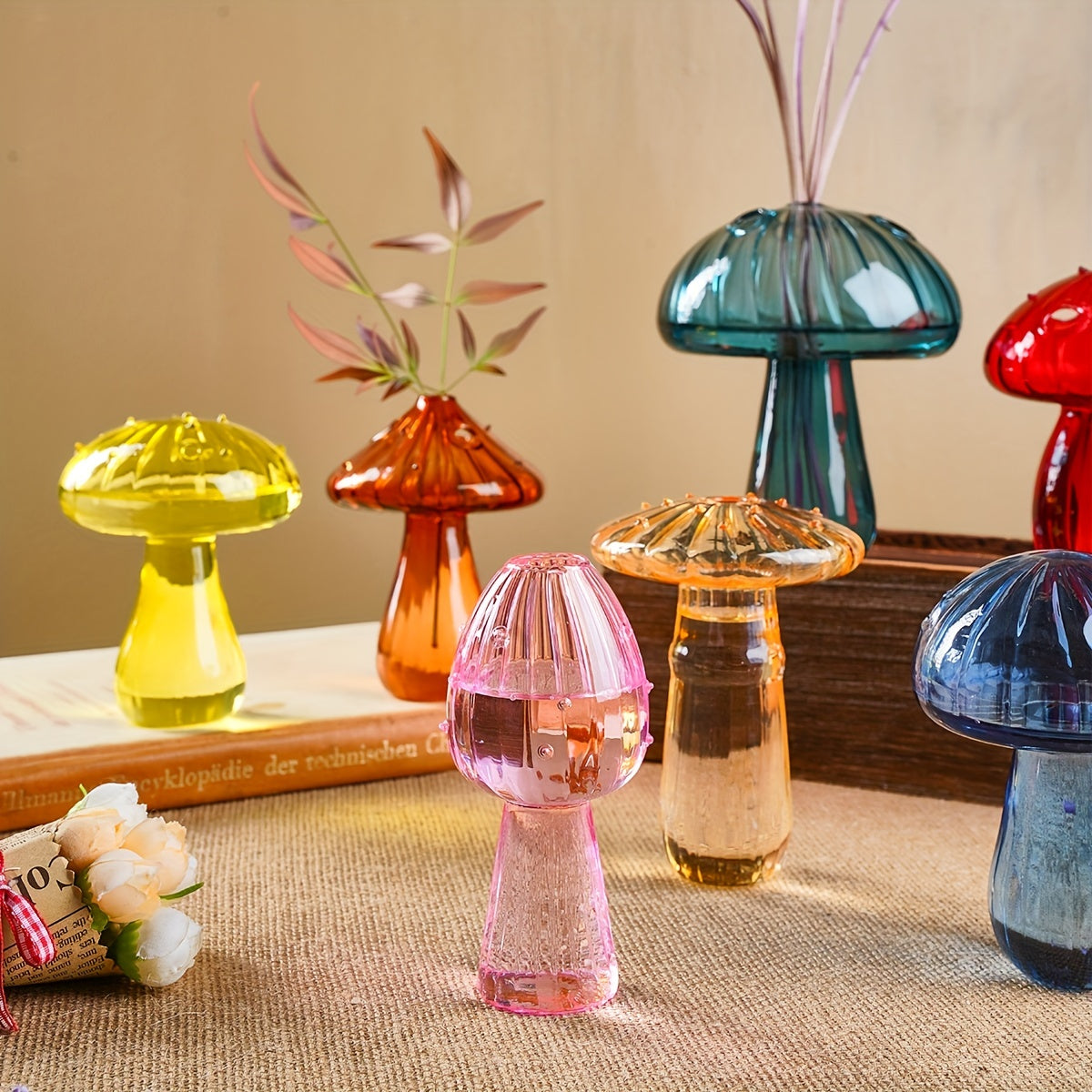1pc Colorful Glass Mushroom Vase for Indoor Hydroponic Flower Arrangement and Home Decor