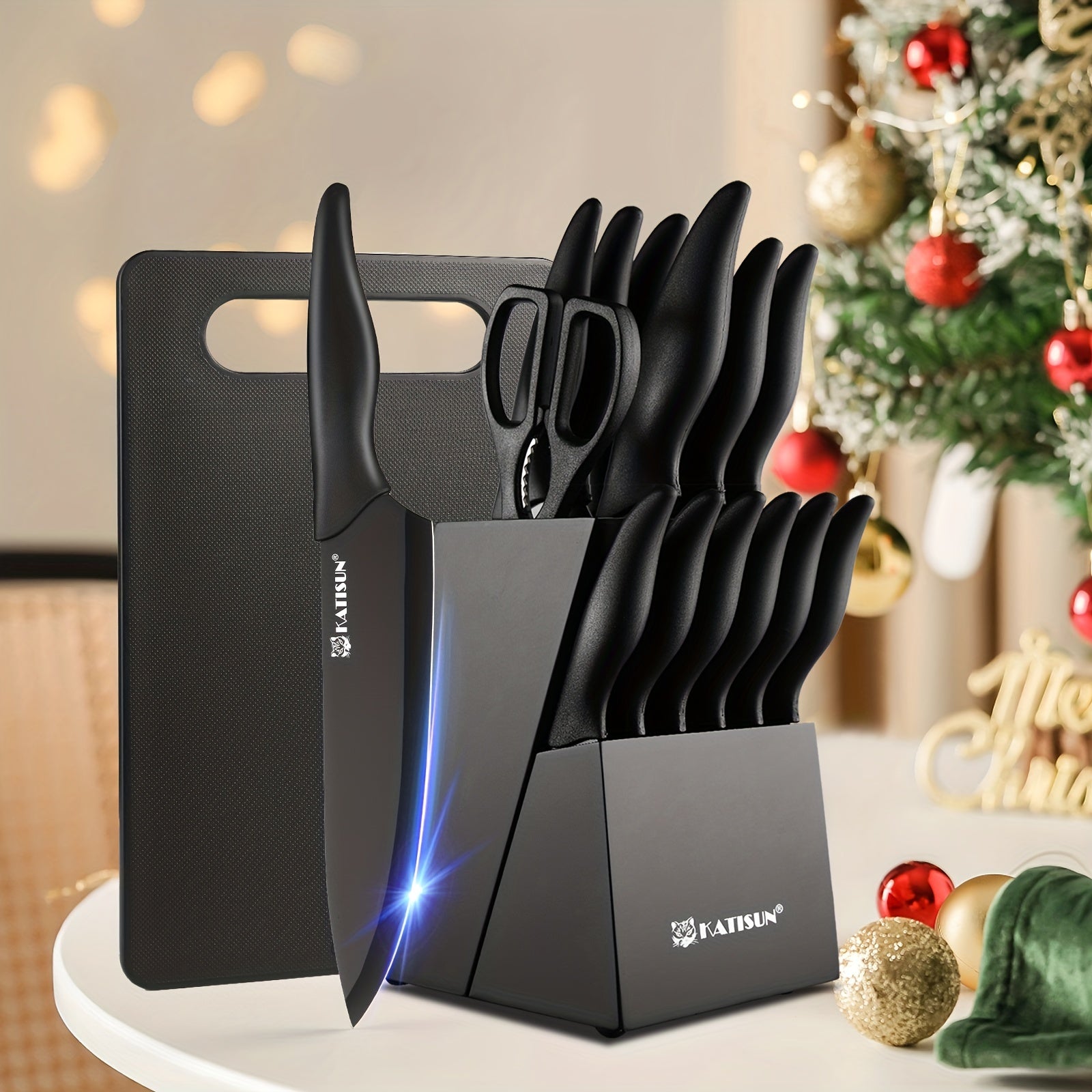 15pcs Professional Black Coding Kitchen Knife Set With Black Wooden Block, Non-slip ABS Handle For Chef Knives, Plastic Cutting Board, And Kitchen Shears For Family And Restaurant