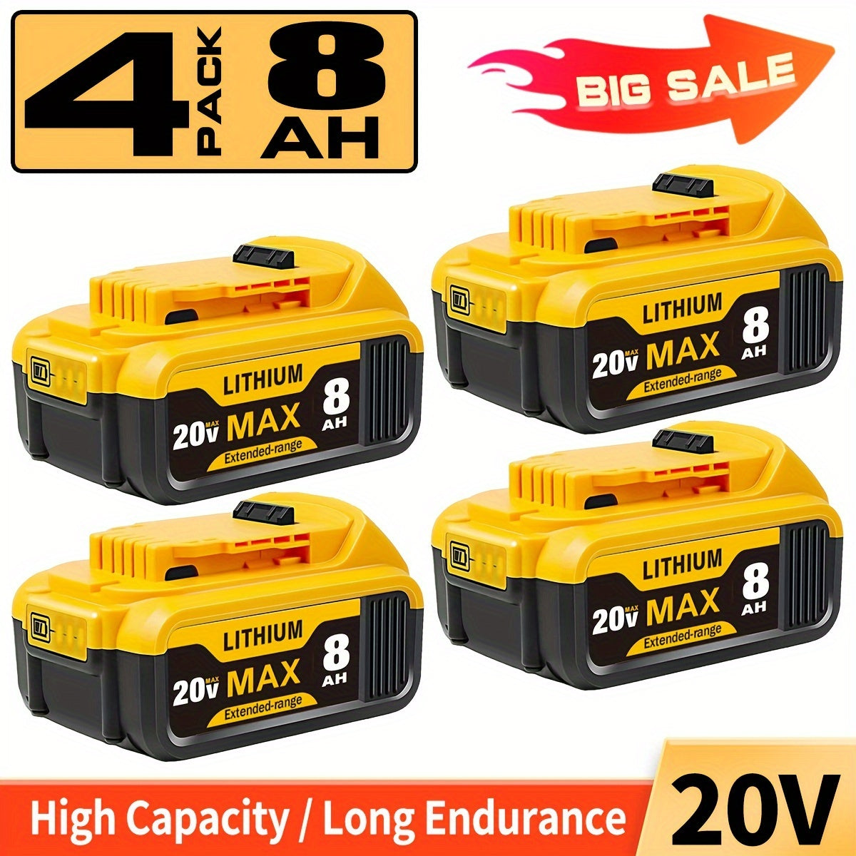 1/2/4PACK 8.0Ah 20V Replacement For Dewalt 20V Max Battery 8000mAh Compatible With Dewalt 20Volt XR Lithium-ion Batteries DCB205 DCB206 DCB207 DCB204 DCB201 DCB200 DCD/DCF/DCG Series Power Tool