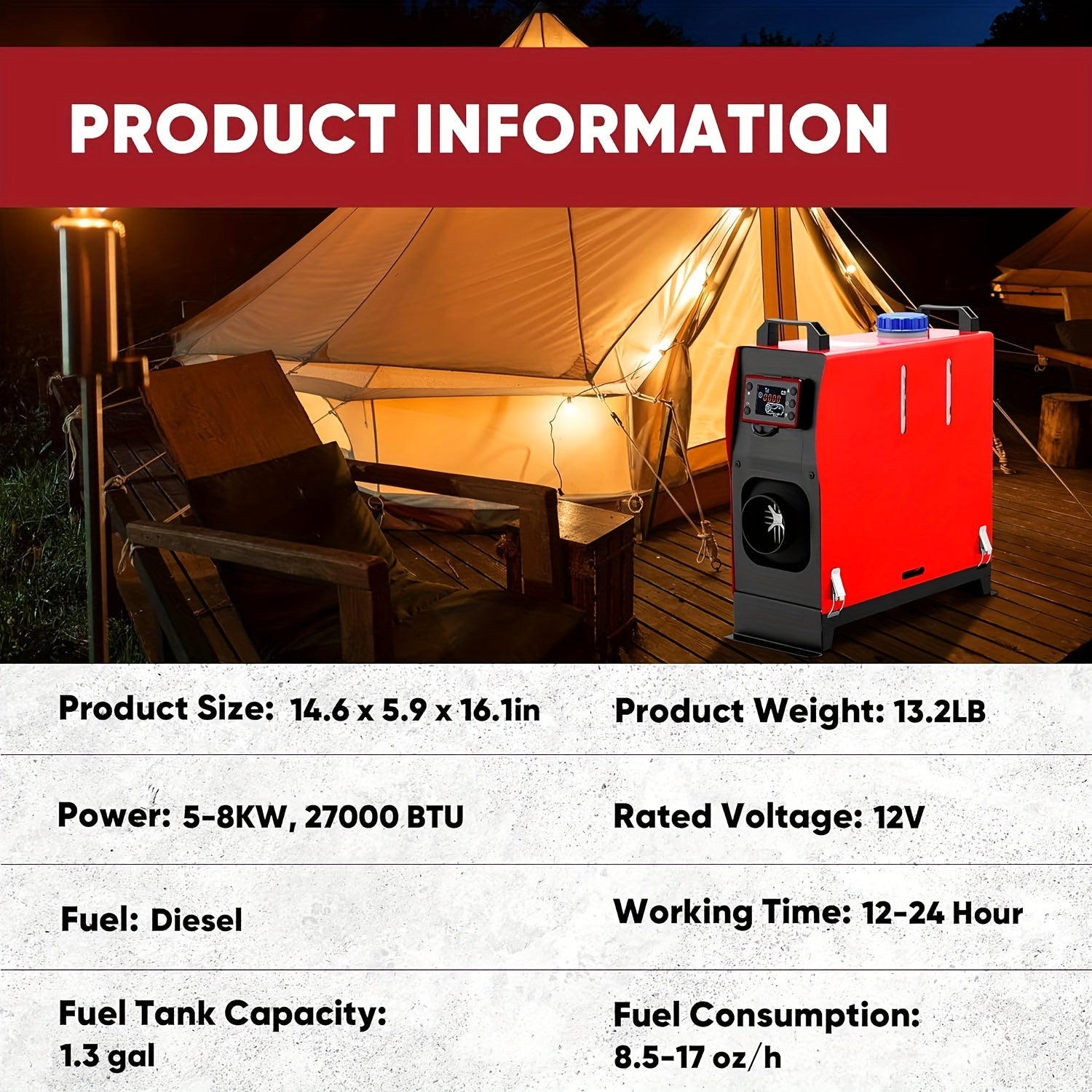 12V 8KW Diesel Heater, All-in-One Diesel Air Heater, Portable Diesel Heater with LCD Monitor & Remote Control, Fast Heating for Tent, Car, RV, Truck, Camper, Trailer, Motorhome, Without Battery