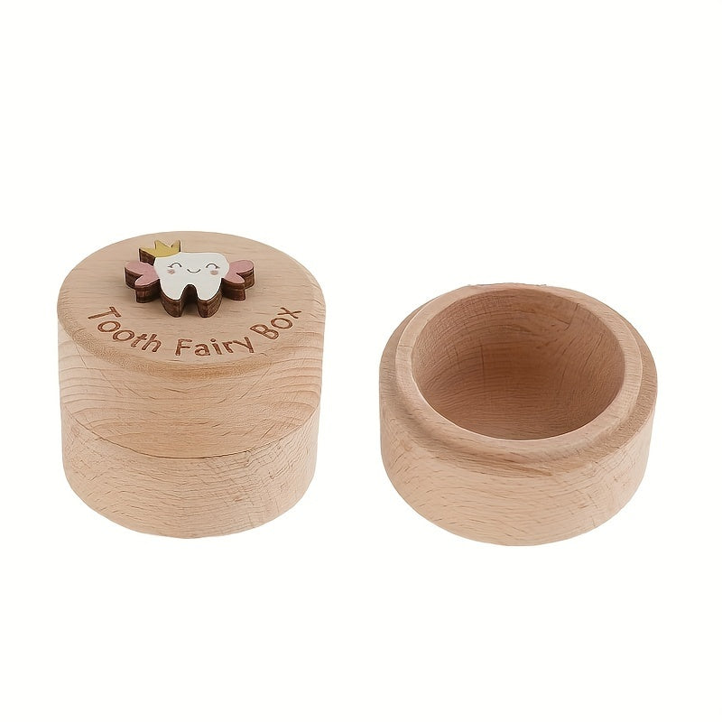 1pc Charming Wooden Tooth Fairy Keepsake Box for Youngsters - Cute 3D Tooth & Crown Design, Natural Wood Youngsters Tooth and Umbilical Cord Storage Case with Easy-Store Lid, Perfect Souvenir Gift for Youngsters, Tooth Fairy