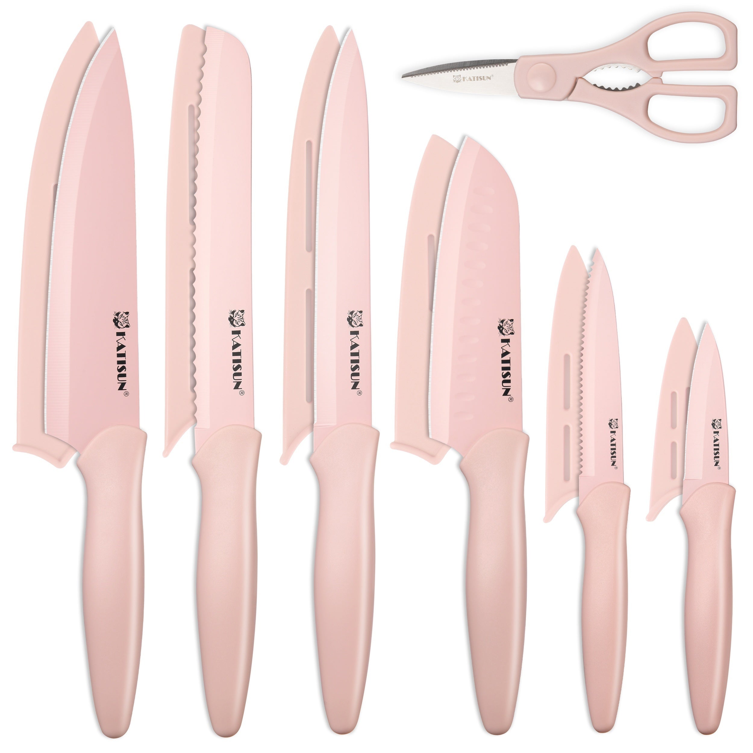 13 Piece Non-stick Coating Stainless Steel Boxed Knives Set, Anti-Rust and Dishwasher Safe, 6 Knives with 6 Blade Covers and one Kitchen Shear