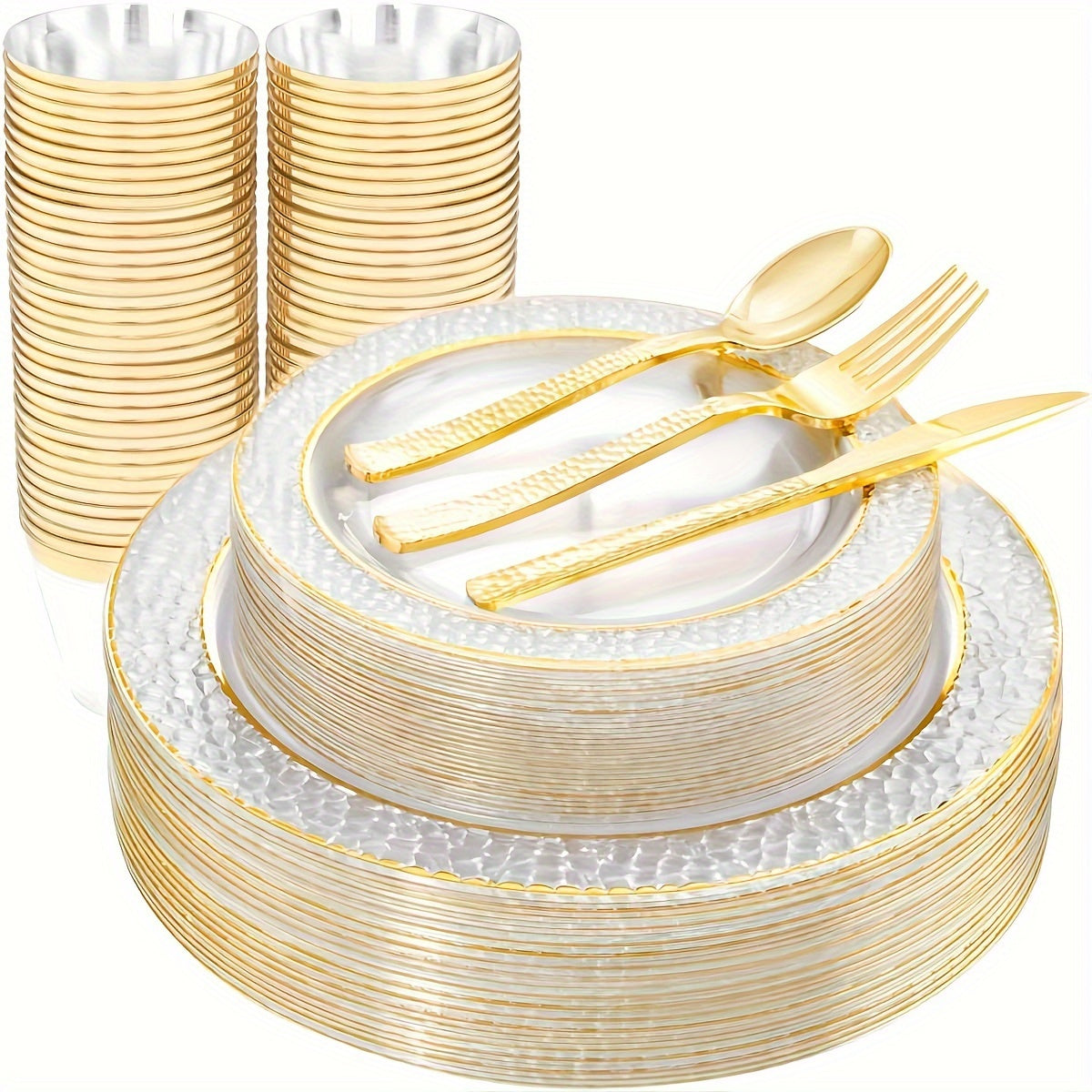 150pcs Transparent Golden Plastic Plates - Disposable Golden Rim Plates including 25 Dinner Plates, 25 Dessert Plates, 25 Forks, 25 Knives, 25 Spoons, 25 Cups, Suitable for Weddings and Parties