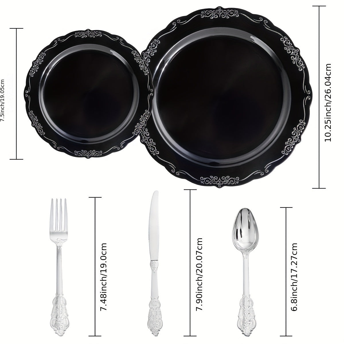 150 Pcs Black Silver Plastic Plates & Silver Plastic Silverware, Black Silver Disposable Plates for Party Include: 30 Dinner Plates 10.25 inch, 30 Dessert Plates 7.5 inch, 30 Knives, 30 Forks, 30 Spoons for Party