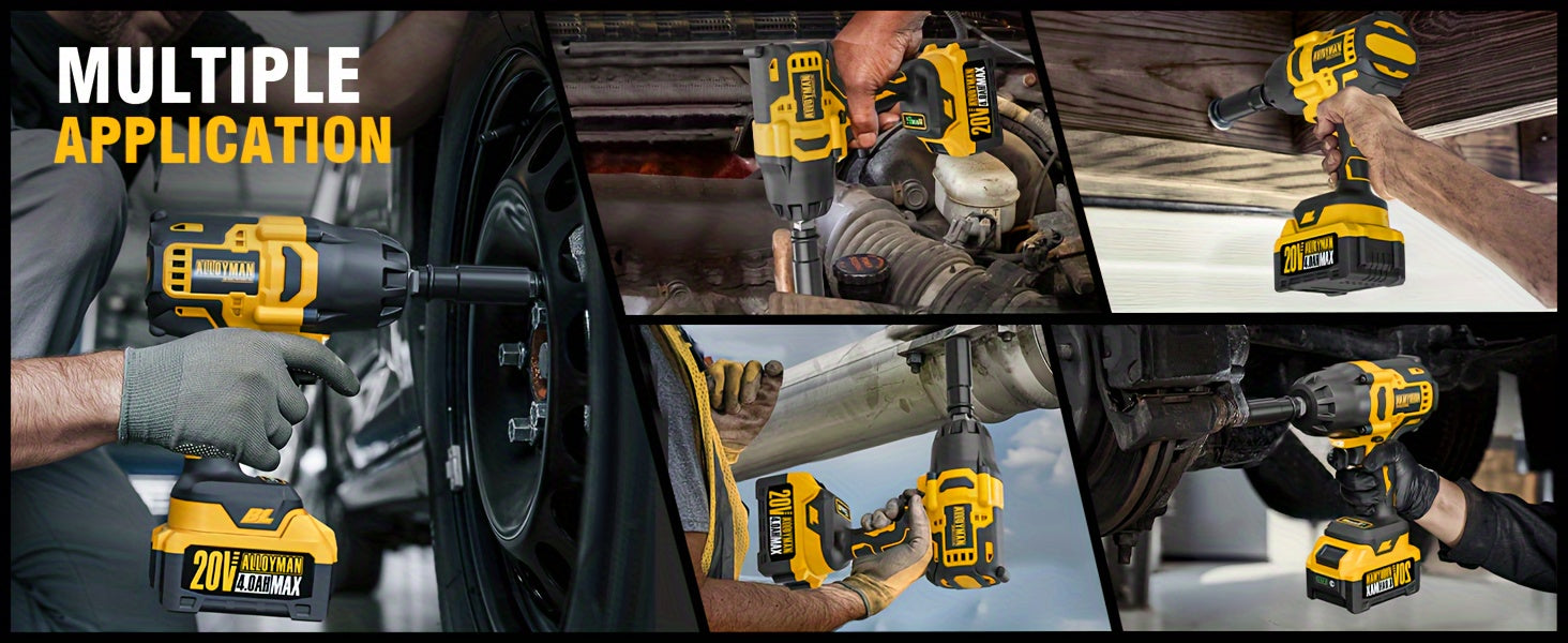 1pc Alloyman 20V Cordless Impact Wrench, 1/2" Drive, 555 Ft-lbs Max Torque, Brushless Motor, 2000 RPM, with 6 Sockets, 3 Extension Bars, 4.0 AH Li-ion Battery, Fast Charge, US Plug, Iron Material, Power Supply Operated