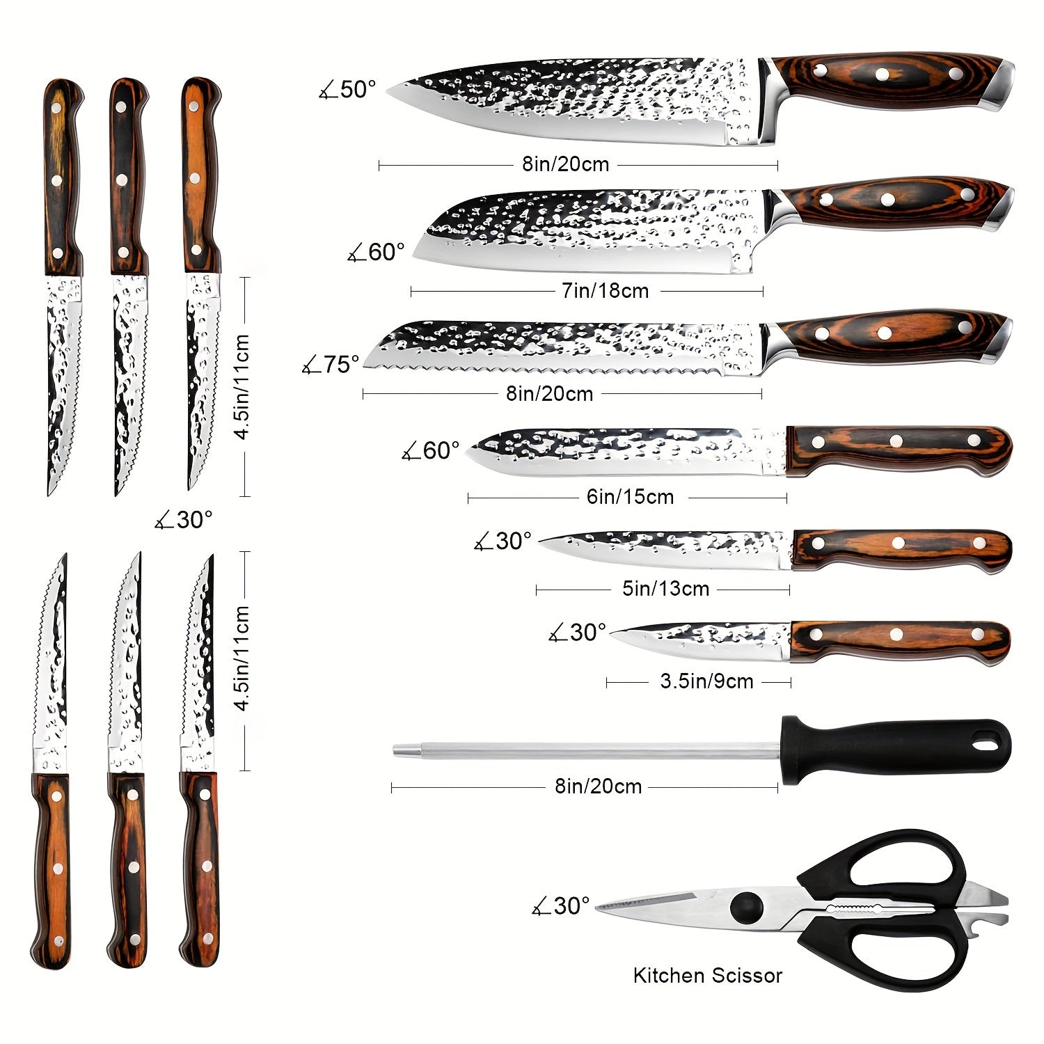 15pcs Professional Kitchen Knife Set, Kitchen Accessories, Super Sharp Knife Set With Wooden Block, Chef Knife Set With Sharpener, High Carbon Stainless Steel Hammered Knife Block Set With Steak Knives, Selection For Easter G