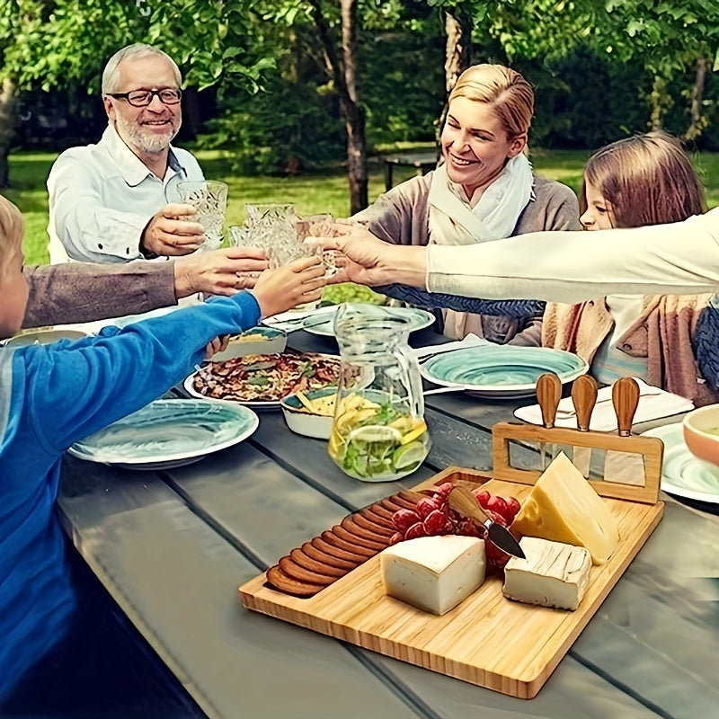1 Set Bamboo Cheese Board Set, Cheese Tray, Charcuterie Board and Serving Meat Platter with 4 Stainless Steel Cheese Knives, Ideal for Wedding Gifts Christmas Birthday Party