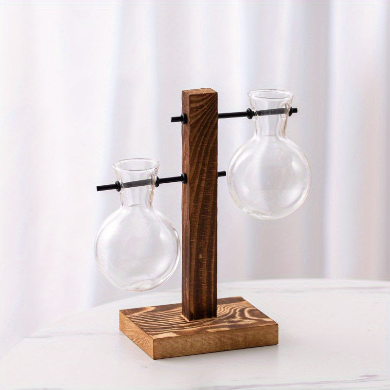 1/2/4pcs Hydroponic Glass Vase, Vintage Desktop Plant Terrarium Planter Bulb Vase, Water Planting Propagation Vase Planters Hydroponics Plants With Retro Wooden Stand Home Garden