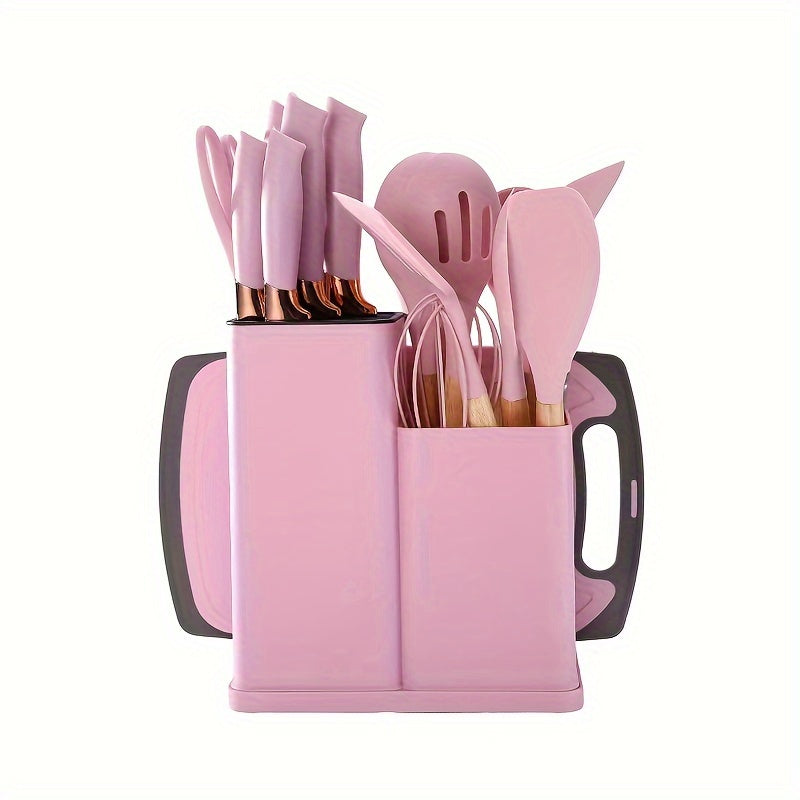19pcs, Silicone Kitchenware 19-Piece Kitchenware Tools Cooking Spatula With Storage Bucket Knives Combination SetSilicone Kitchenware 19 Piece Kitchenware Tools Cooking Shovel Spoon With Storage Bucket Knife Combination Set