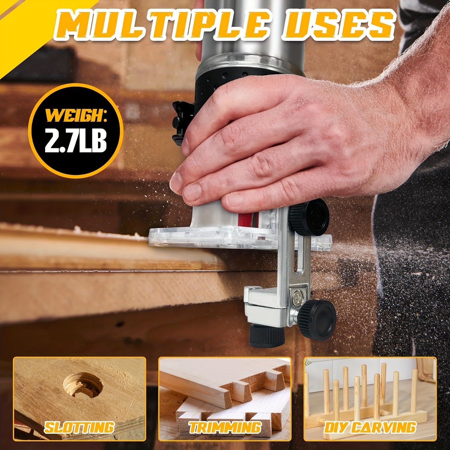 12 PCS 1/4" Router Bits 800W Cordless Wood Router - Routers with 30000RPM Brushless Motor, 6 Speeds, Edge Guide, Roller Guide, Compatible with Dewalt 20V Battery (Machine Only)