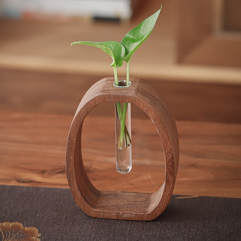 1pc Art Deco Style Wooden Round Vase with Glass Tube - Elegant Hydroponic Flower Vase for Home and Office Decor, No Electricity or Battery Needed, Ideal Christmas Gift, Vases for Flowers