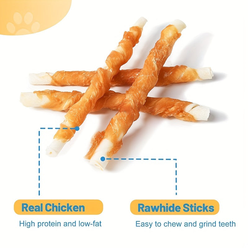 14.1 Ounces, Dog Treats, Tooth Cleaning And Grinding Rod, Rawhide Twist Chicken Hide Sticks, Suitable For Puppy And Medium, Large Dog, High Protein, Low Fat, Perfect Training Reward Snack For Dogs