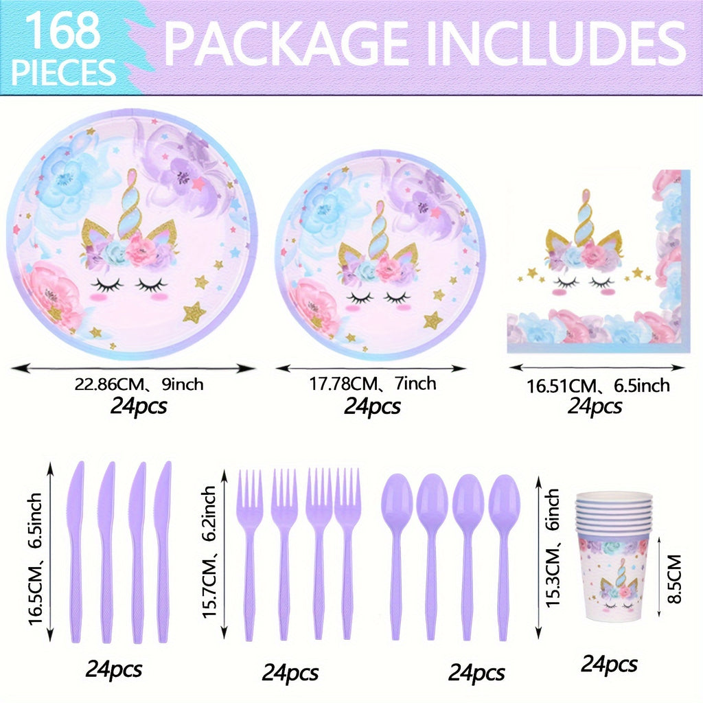168-Piece Unicorn Party Essentials Kit - Vibrant Round Disposable Tableware Set with Plates, Cups, Napkins, Knives, Forks, and Spoons for Magical Birthday, Tea Parties, and Celebrations - Perfect for All Occasions