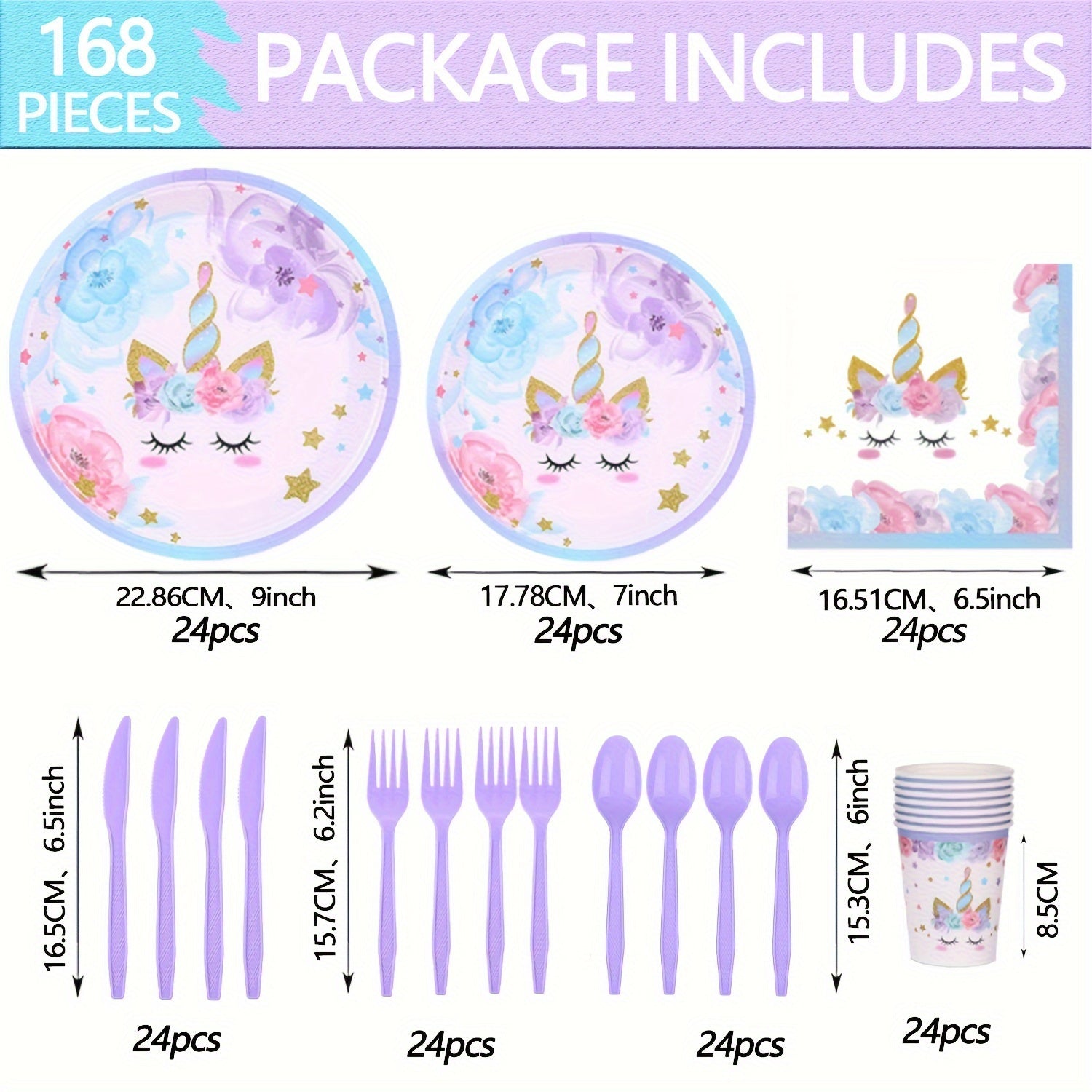 168-Piece Unicorn Party Essentials Kit - Vibrant Round Disposable Tableware Set with Plates, Cups, Napkins, Knives, Forks, and Spoons for Magical Birthday, Tea Parties, and Celebrations - Perfect for All Occasions