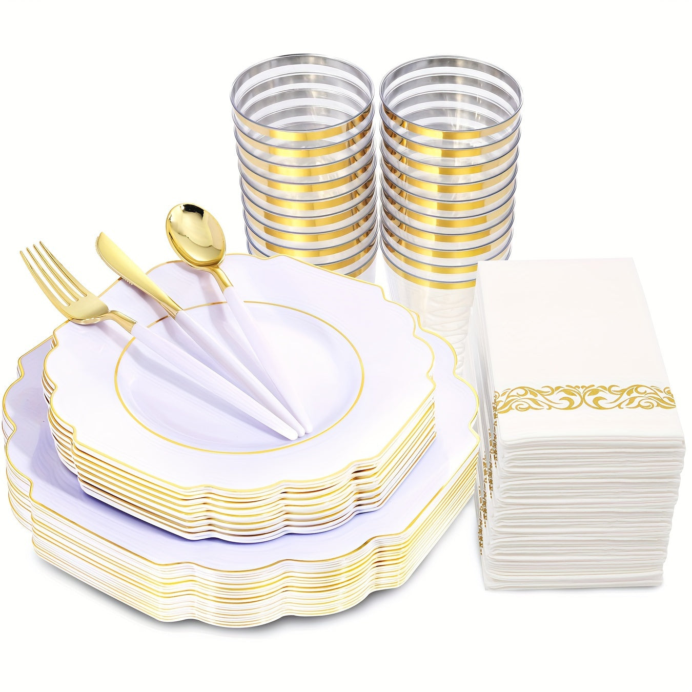 140PCS Plastic Plates - Gold Plastic Silverware, Gold Disposable Plates Include 40Plates, 20Cups, 20Forks, 20 Knives, 20Spoons, 20Napkins for Weddings & Parties
