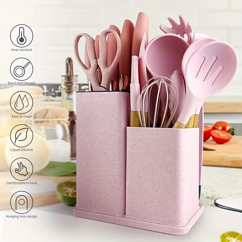 19pcs, Silicone Kitchenware 19-Piece Kitchenware Tools Cooking Spatula With Storage Bucket Knives Combination SetSilicone Kitchenware 19 Piece Kitchenware Tools Cooking Shovel Spoon With Storage Bucket Knife Combination Set