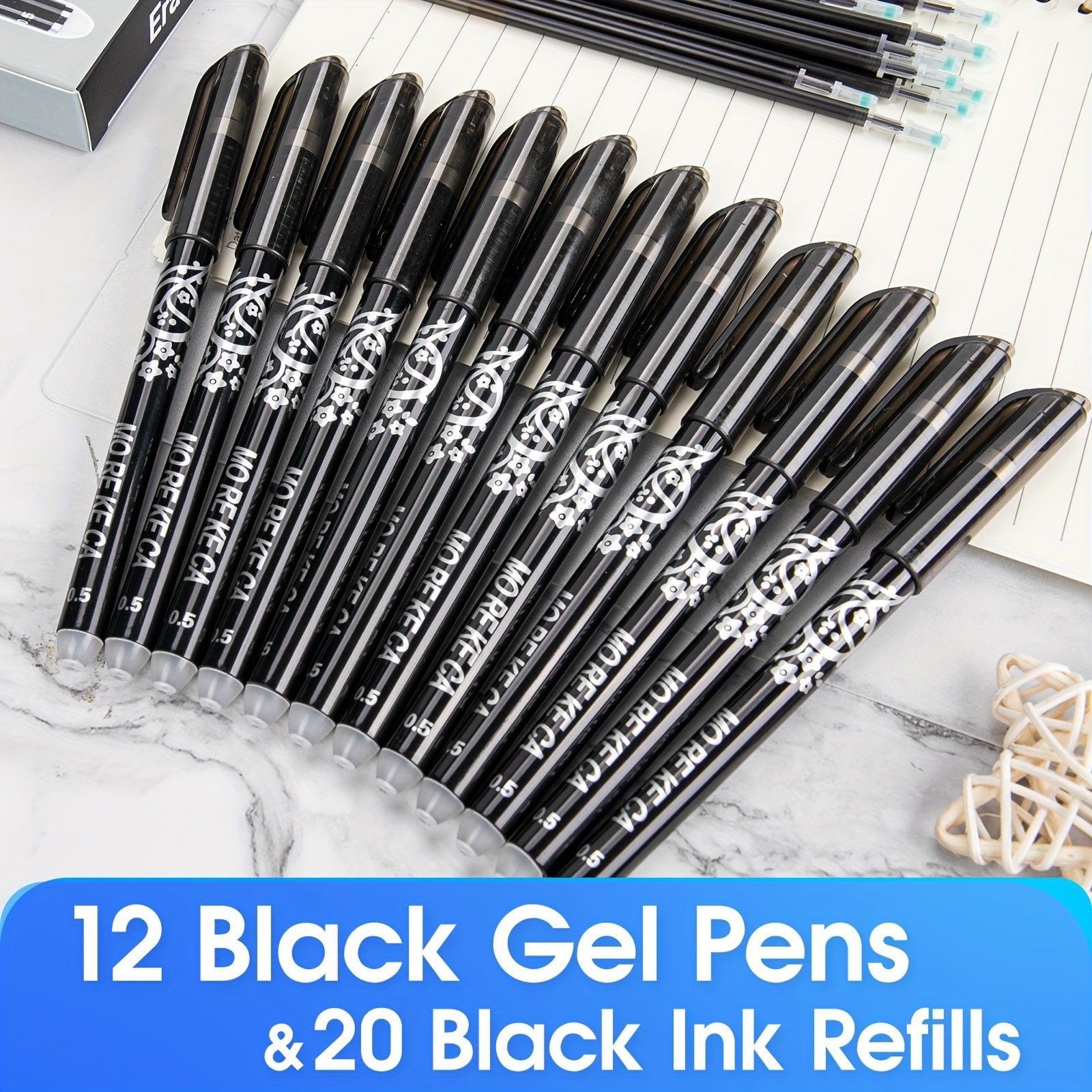 12PCS Erasable Gel Pens Set - Smooth Writing, Quick-Dry Ink, 0.5mm Fine Tip, Rubber Grip, and 20 Refills for School, Office, and Art Supplies - Dark Grey