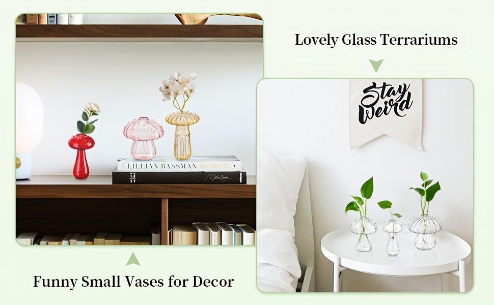 10pcs Glass Mushroom Vase For Flowers, Colored Small Bud Flower Vases Unique, Mushroom Propagation Hydroponic Vases, Funky Cottagecore Decor For Home Room Kitchen Office Windowsill Decorations