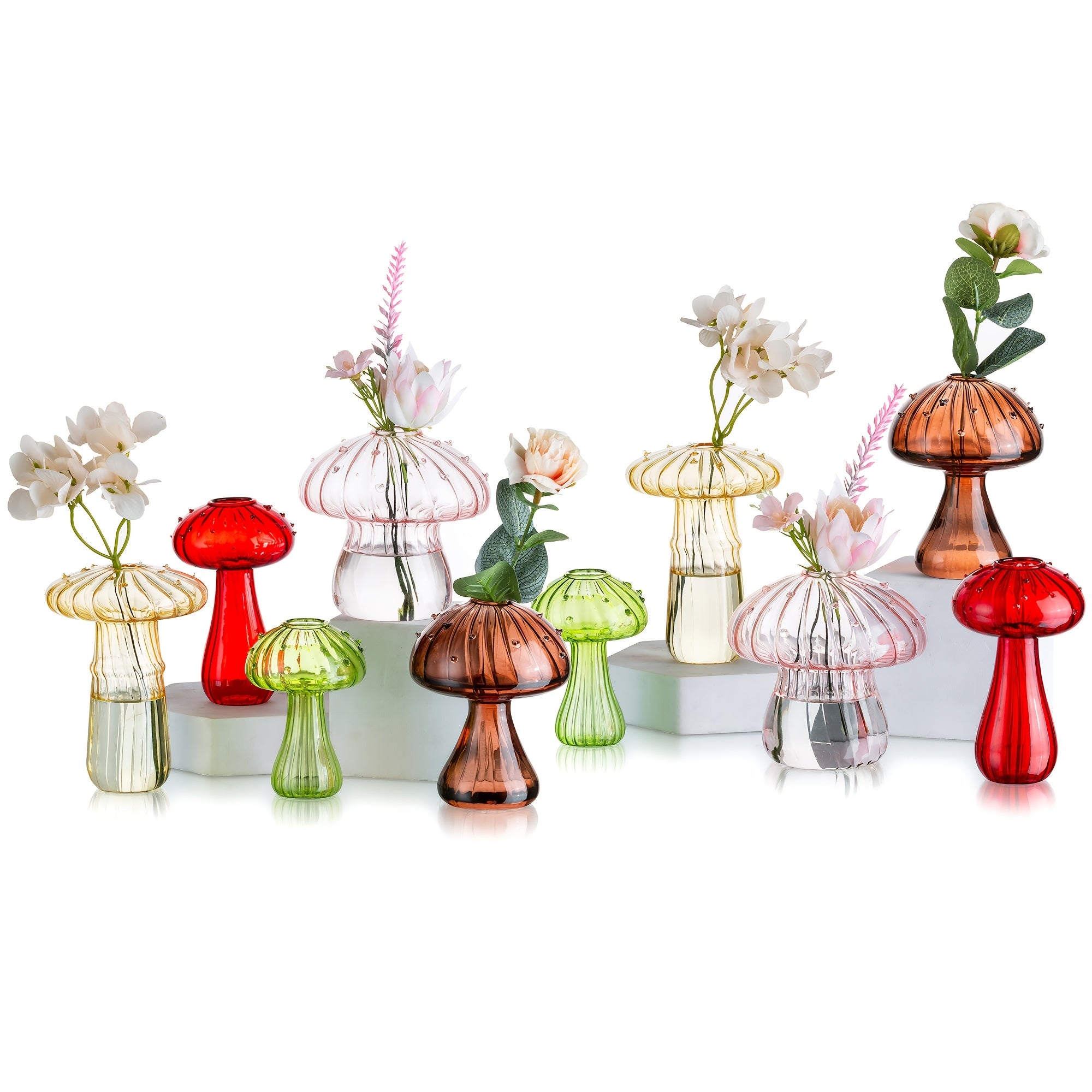 10pcs Glass Mushroom Vase For Flowers, Colored Small Bud Flower Vases Unique, Mushroom Propagation Hydroponic Vases, Funky Cottagecore Decor For Home Room Kitchen Office Windowsill Decorations