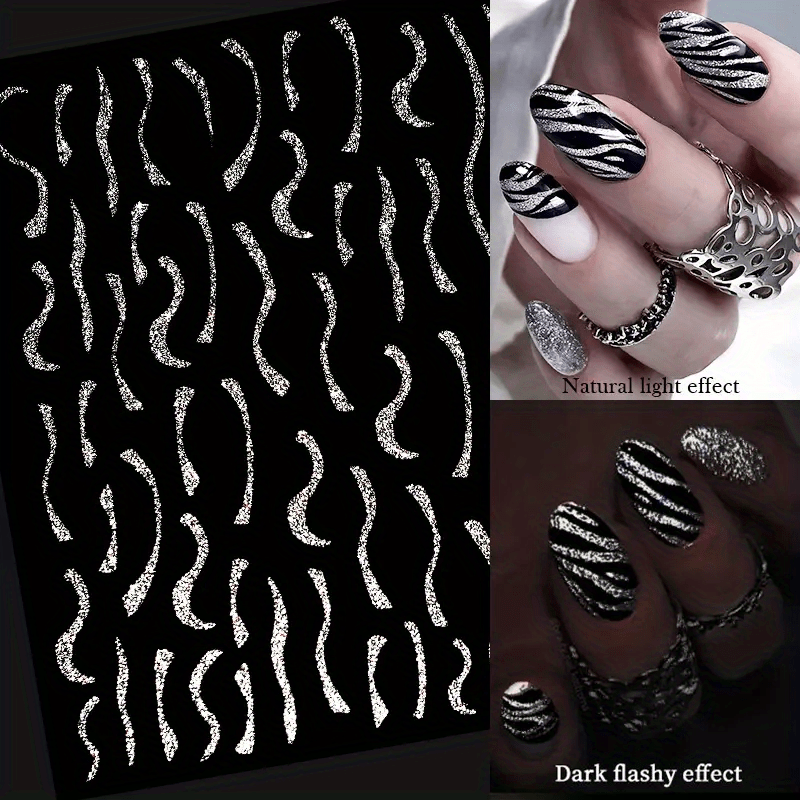 1pc 3D Nail Sticker with Stripes and Lines Charm Reminder Transfer Nail Art Decoration Silvery Reflective Glitter Sticker
