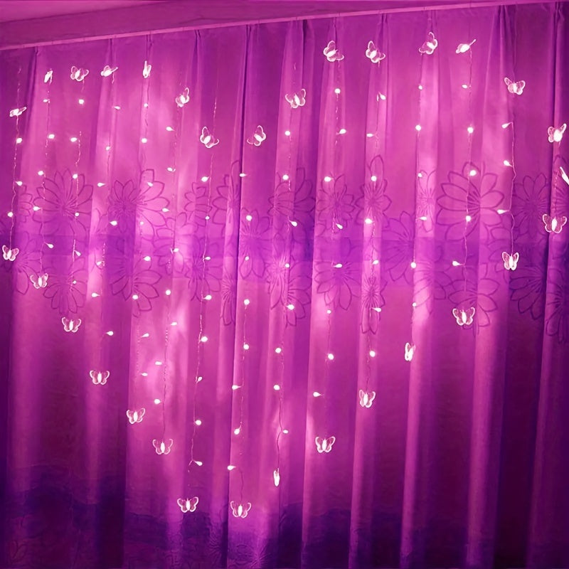 16-Butterfly LED Curtain Lights - 96 Bulbs, 18FT USB, 8 Dreamy Modes, Remote Control - Romantic Purple Bedroom & Party Decor
