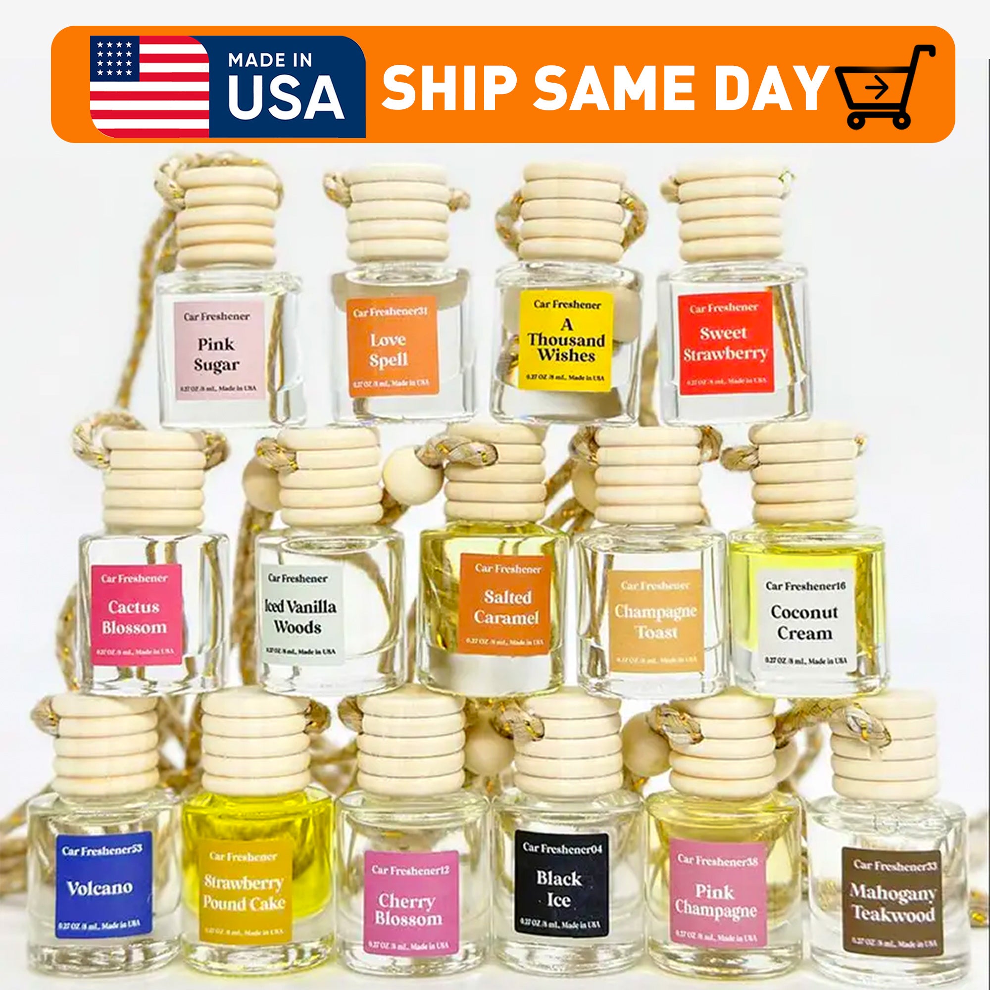 HOOGALIFE Car Air Freshener Choose from 22 Scents,Hanging Car Diffuser,Car Decor Accessory, Made in the USA,Long Lasting,Ships Today.The best New Year gift ever. Choose 1 Bottle or 2 Bottles.Plus,our brand offers excellent cu