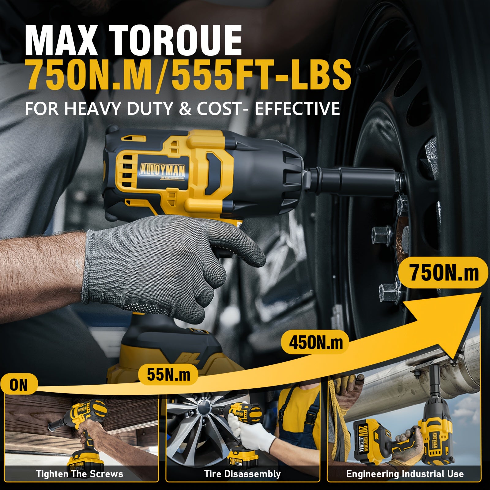 1pc Alloyman 20V Cordless Impact Wrench, 1/2" Drive, 555 Ft-lbs Max Torque, Brushless Motor, 2000 RPM, with 6 Sockets, 3 Extension Bars, 4.0 AH Li-ion Battery, Fast Charge, US Plug, Iron Material, Power Supply Operated