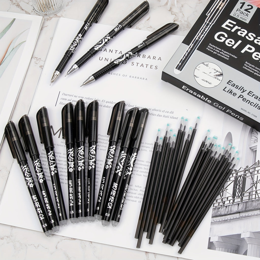 12PCS Erasable Gel Pens Set - Smooth Writing, Quick-Dry Ink, 0.5mm Fine Tip, Rubber Grip, and 20 Refills for School, Office, and Art Supplies - Dark Grey
