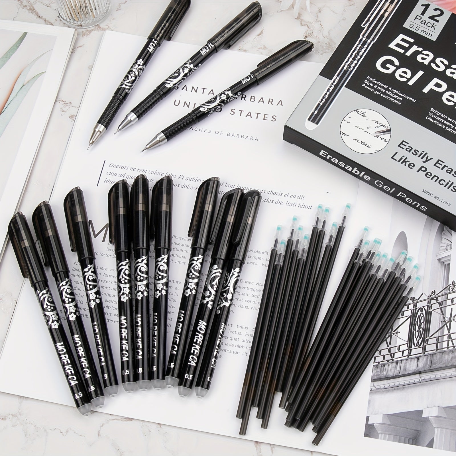 12PCS Erasable Gel Pens Set - Smooth Writing, Quick-Dry Ink, 0.5mm Fine Tip, Rubber Grip, and 20 Refills for School, Office, and Art Supplies - Dark Grey