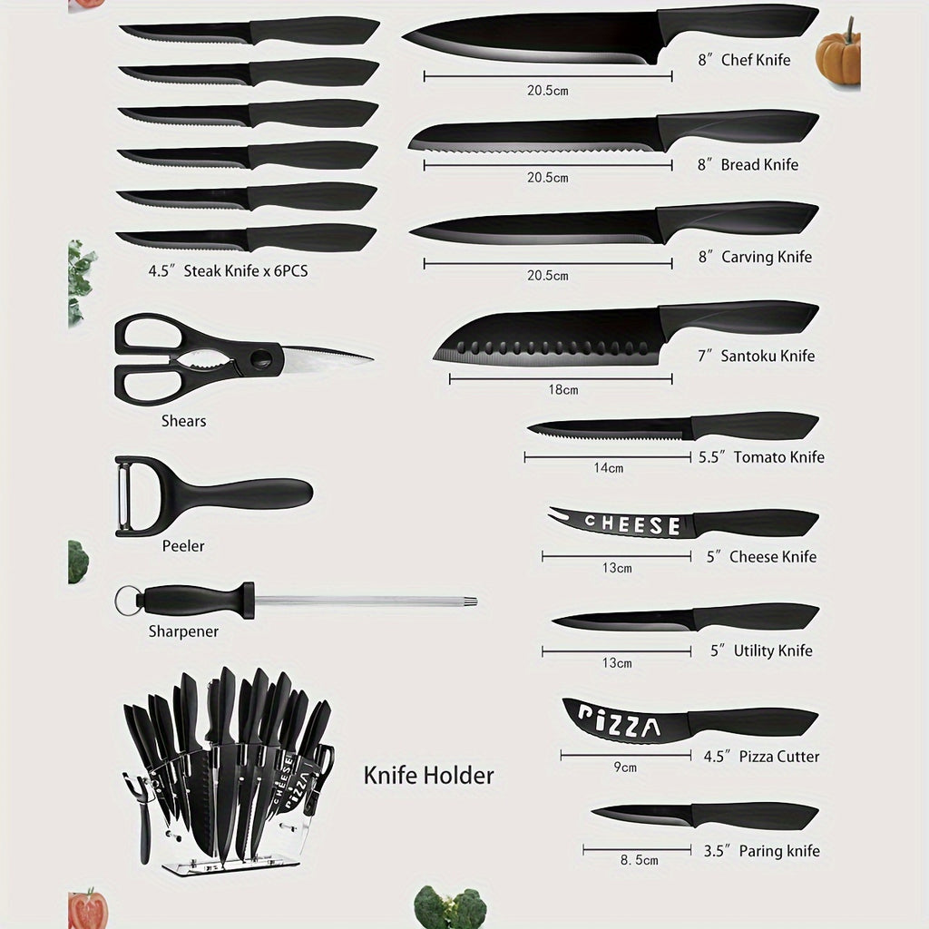 19pcs High Carbon Stainless Steel Sharp includes Serrated Steak Knives Set, Kitchen Knife Set with Block Chef Knives, Bread Knife, Scissor, Sharpener, All in one