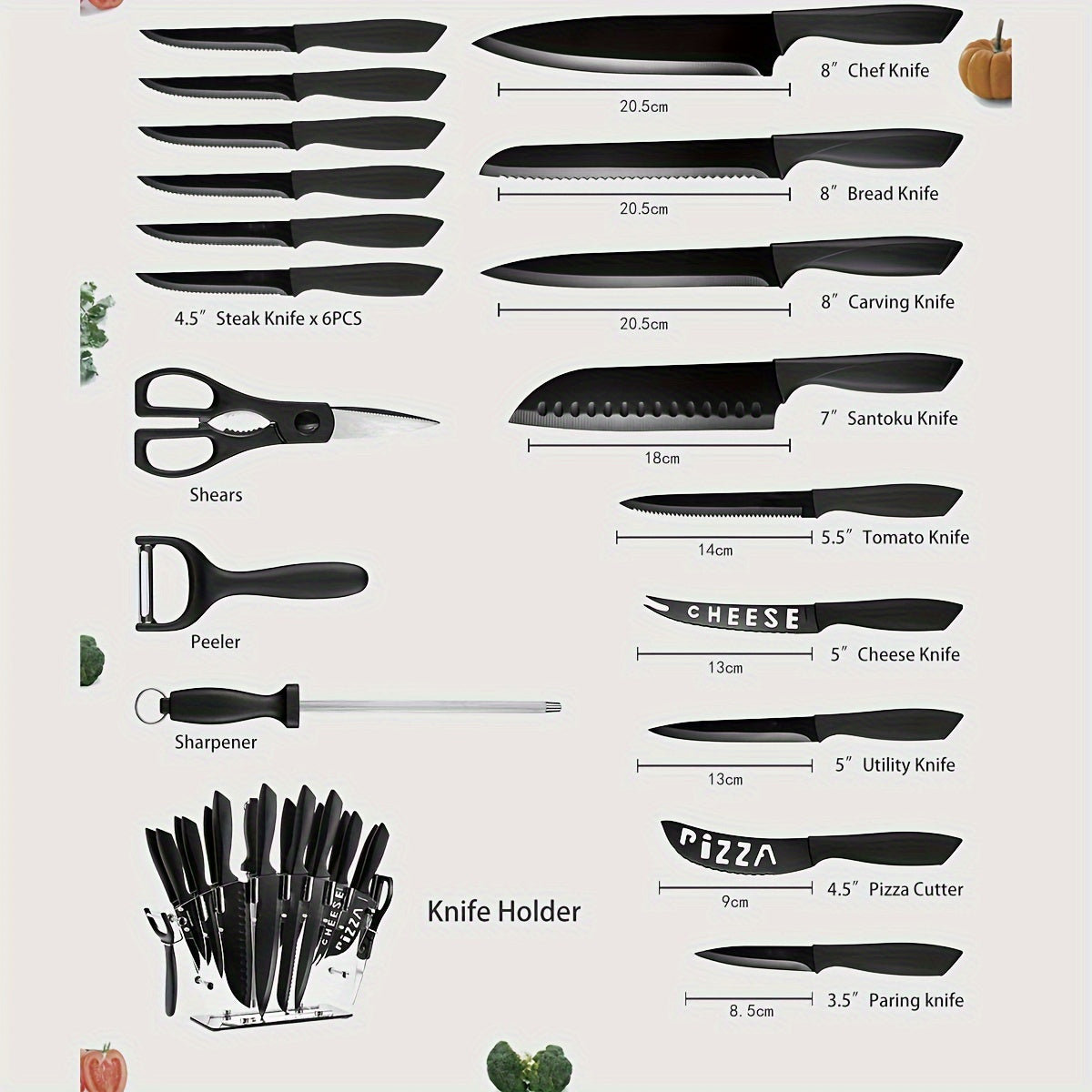 19pcs High Carbon Stainless Steel Sharp includes Serrated Steak Knives Set, Kitchen Knife Set with Block Chef Knives, Bread Knife, Scissor, Sharpener, All in one