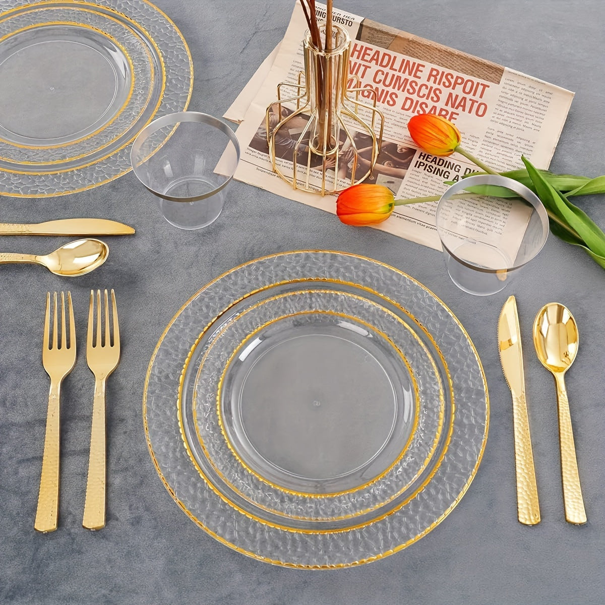 150pcs Transparent Golden Plastic Plates - Disposable Golden Rim Plates including 25 Dinner Plates, 25 Dessert Plates, 25 Forks, 25 Knives, 25 Spoons, 25 Cups, Suitable for Weddings and Parties