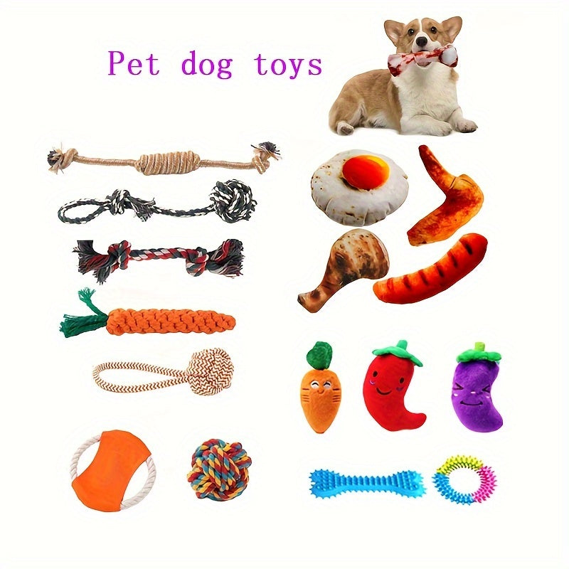 11pcs/16pcs Dog Chew Toys Bundle, Durable Plush and Rope Materials, Tooth Cleaning & Interactive Play, Assorted Food-Shaped & Rope Designs, Suitable for Small Dogs & Puppies