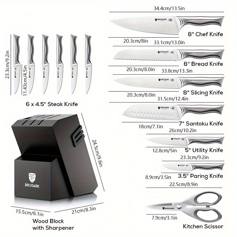 15pcs Brodark Kitchen Knife Set With Block, Knife Block Set With Built-in Sharpener, Dishwasher Safe Knives Set For Kitchen, NSF Certified Stainless Steel Kitchen Knives, Shark Series