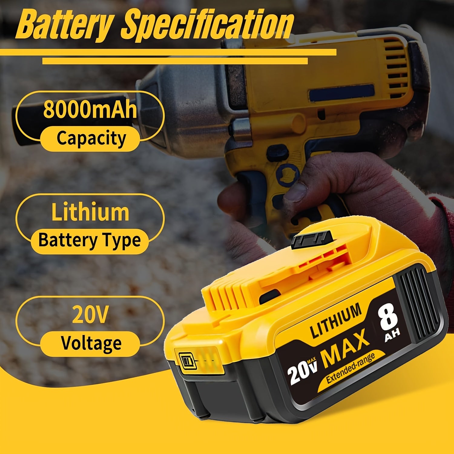 1/2/4PACK 8.0Ah 20v Replacement Li-ion Battery For Dewalt Cordless Power Tool Rechargeable XR Battery Packs Compatible With Dewalt DCB200 DCB204 DCB205 DCB206 DCB201 DCB203 DCB181 DCB180 20V DCB200 DCD DCF DCG Series Power To