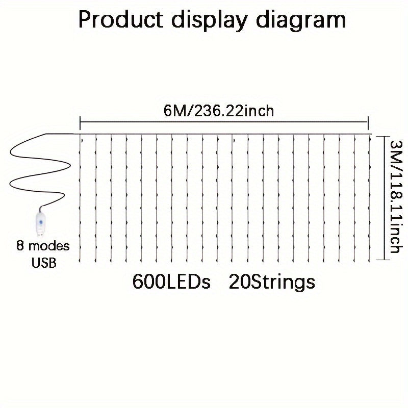 1 Pack, 600-LED Curtain String Lights, USB Powered, 236.22*118.11inch, Remote Control, Christmas Fairy Garland Lamp, For Wedding Party, Indoor Bedroom Decoration